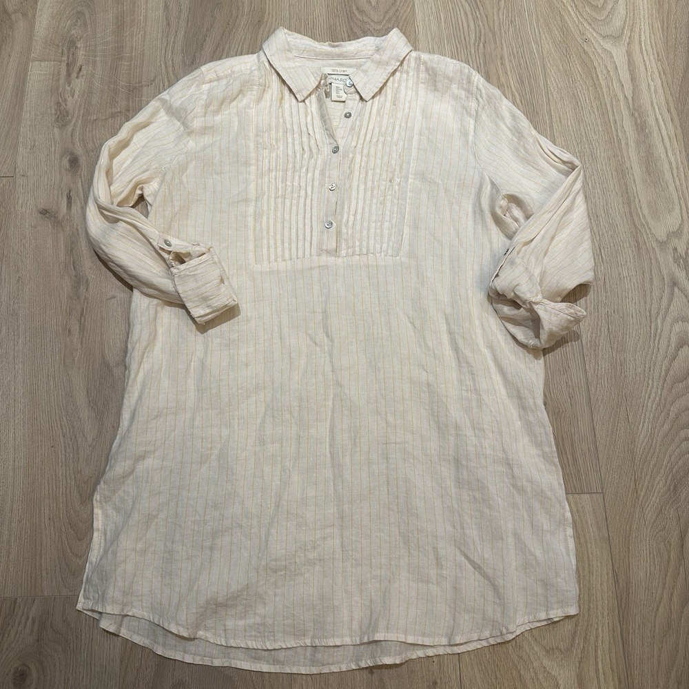 Cynthia Rowley Yellow Stripe Popover Tunic Blouse 100% Linen Large Boho Beach